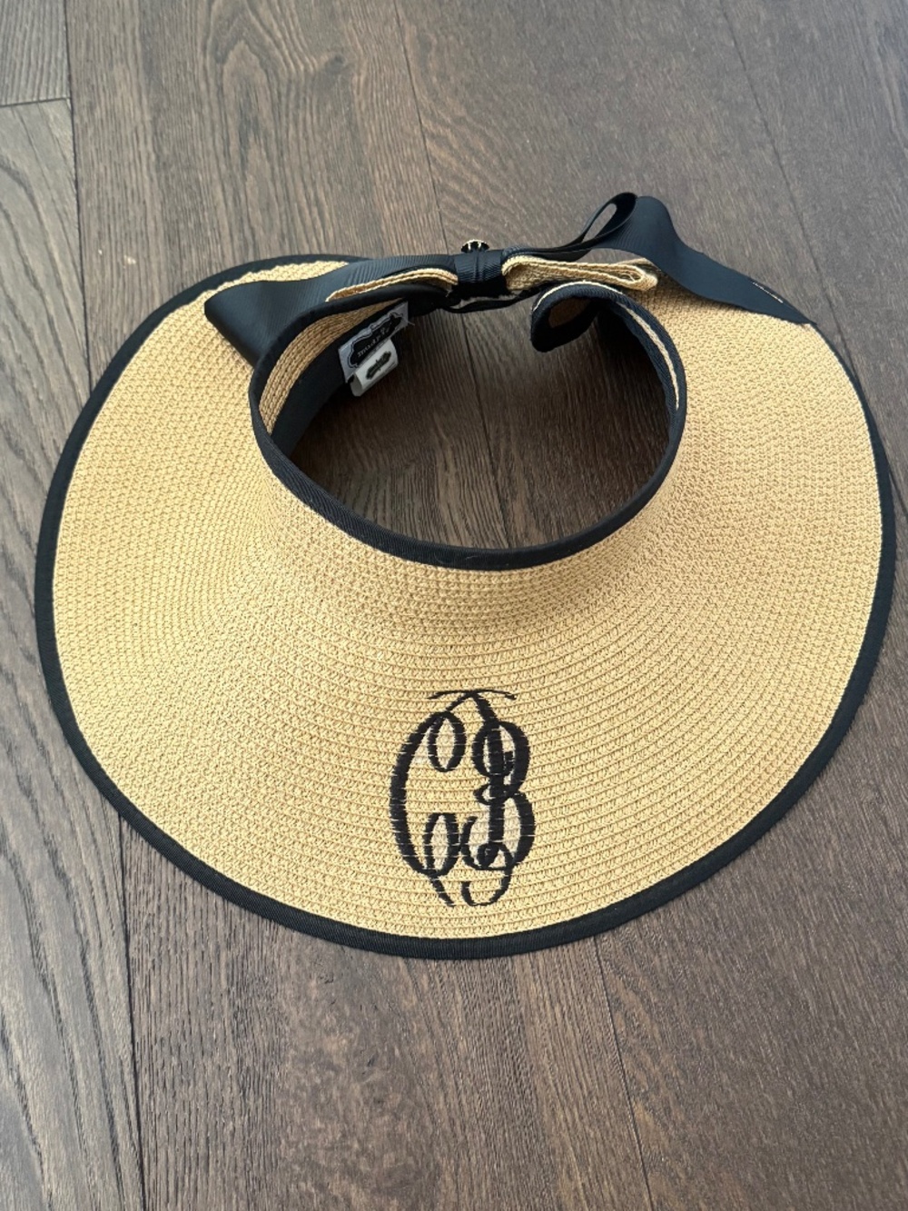 Never Worn Mud Pie Monogram Straw Roll-Up Sun Visor Black Bow